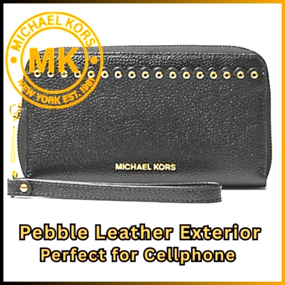 Michael Kors Black Leather Gold Grommet Wristlet Large Phone Slot
